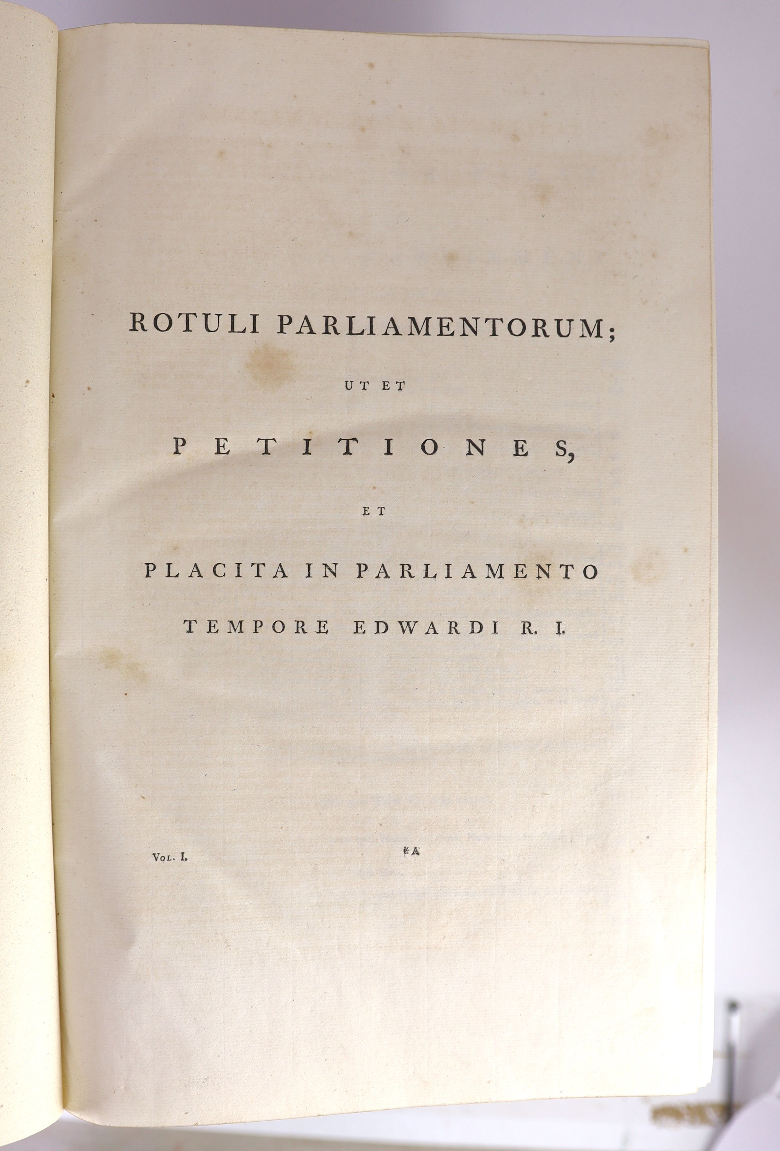 (Rolls Series) Rotuli Parliamentorum; ut et Petitiones et Placita Parliamentorum....7 vols. (incl. Index). vol 4 with 4 engraved plates of seals; old half calf and marbled boards, gilt ruled panelled spines with maroon l